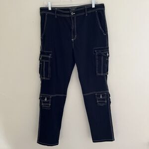 ABSTRACT ONE Contrast Stitch 10 Pocket Slim Cargo Punk Jeans, Black- 34” x 32”